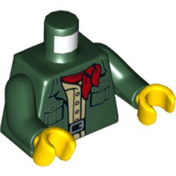 Torso Jacket Pockets, Open over Tan Shirt, Red Neckerchief Print, Dark Green Arms, Yellow Hands