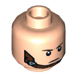 Minifig Head Captain America, Dark Brown Eyebrows, Grin with Raised Right Eyebrow / Reddish Brown Chinstrap Print