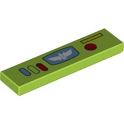 LEGO part 2431pr0180 Tile 1 x 4 with White Wings Symbol, Blue/Lime/Red Buttons print in Bright Yellowish Green/ Lime