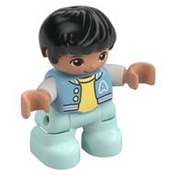 Duplo Figure Child, Hair Combed Forward with Curl Black, Light Aqua Legs, Bright Light Yellow Under Shirt, Jacket Print
