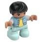 Duplo Figure Child, Hair Combed Forward with Curl Black, Light Aqua Legs, Bright Light Yellow Under Shirt, Jacket Print