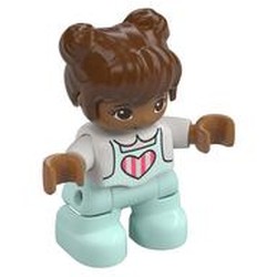 Duplo Figure Child with Two Buns on Top and Long Bangs Reddish Brown, with Light Aqua Legs, Pink and White Strips In Heart on Shirt Print