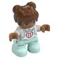 Duplo Figure Child with Two Buns on Top and Long Bangs Reddish Brown, with Light Aqua Legs, Pink and White Strips In Heart on Shirt Print