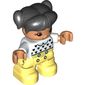 Duplo Figure Child with Ponytails and Bangs Black, with Nougat Face and Hands, Bright Light Yellow Legs, Black Heart, Light Green Collar Print
