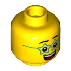 Minifig Head Birthday Boy, Green Star Glasses, Big Smile with Tongue and Teeth Print