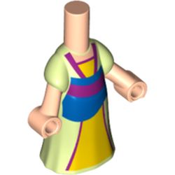 Microdoll Body Long Dress Yellowish Green with Bright Light Orange Under Dress, Blue Skirt, Dark Pink Trim, Light Nougat Hands