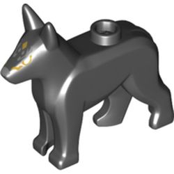 LEGO part 92586pr0008 Animal, Dog, Alsatian / German Shepherd (Police Dog) with Gold/Light Bluish Grey Decorations print in Black