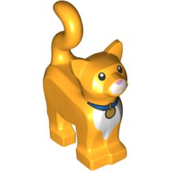 LEGO part 13786pr0021 Animal, Cat, Standing New Style with White Chest, Blue Collar print (Sox) in Flame Yellowish Orange/ Bright Light Orange