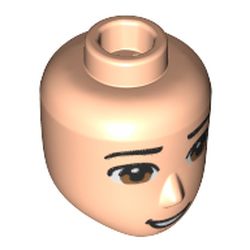 LEGO part 28649pr0323 Minidoll Head, Narrow Jawline with brown Eyes, Open Mouth print in Light Nougat