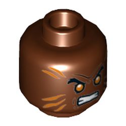 Minifig Head Bronze Tiger, Orange Stripes, Eyebrows, Orange Eyes, Clenched Teeth Print