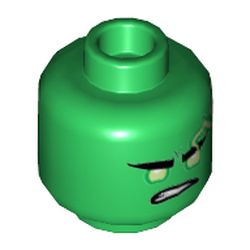 Minifig Head Lloyd, Yellowish Green Eyes, Lime Lightning Bolts, with Lopsided Frown Print