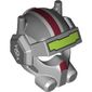 Helmet, Visor, Headset, Breathing Apparatus with Dark Red Stripe, Skull on Ear Protectors, and Lime Visor Print