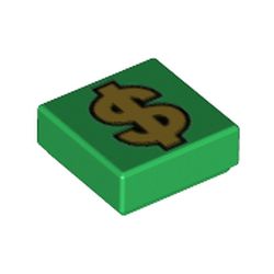 LEGO part 69046 Tile 1 x 1 with Gold Dollar Sign print in Dark Green/ Green