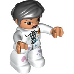 Duplo Figure with Thick Short Hair Combed over Forehead and Bun Black, White Jumpsuit with Paint Splotches