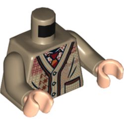 Torso Sweater Cardigan with Pocket, Buttons, and Patches, and Dark Red Tie Print, Dark Tan Arms, Light Nougat Hands