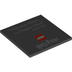 LEGO part 69357 Tile 6 x 6 with Bottom Tubes with 'Welcome Harry, To Diagon Alley', LEGO Logo, and 'Harry Potter' Print in Black