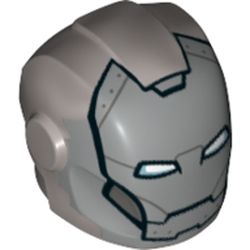 LEGO part 69482 Minifig Helmet with Armor Plates and Ear Protectors with Silver Face and White Rectangular Eyes Print (Iron Man) in Silver Metallic/ Flat Silver