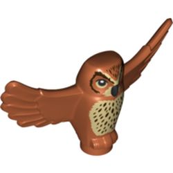 LEGO part 67632pr0004 Animal, Bird, Owl Small with Open Wings, Angular Features with Black Eyes, Dark Brown Spotted Chest Feathers Print in Dark Orange