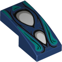 LEGO part 11477pr0014 Slope Curved 2 x 1 No Studs with 2 White Eyes, Dark Turquoise Flames print in Earth Blue/ Dark Blue