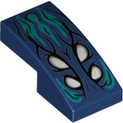 LEGO part 11477pr0013 Slope Curved 2 x 1 No Studs with 4 White Eyes, Dark Turquoise Flames print in Earth Blue/ Dark Blue