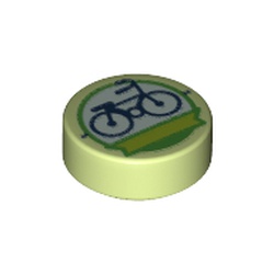 LEGO part 69457 Tile Round 1 x 1 with Bicycle In Green Circle print in Spring Yellowish Green/ Yellowish Green