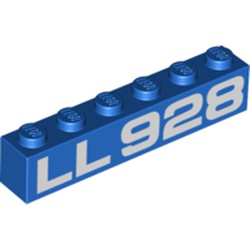 LEGO part 3009pr0105 Brick 1 x 6 with White 'LL928' print in Bright Blue/ Blue