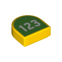 LEGO part 72215 Tile 1 x 1 Half Circle with Green Field, White '123' print in Bright Yellow/ Yellow