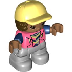 LEGO part 69711pr0001 Duplo Figure Child with Hair and Cap Bright Light Yellow, Light Bluish Gray Legs, Hoodie Print in Vibrant Coral/ Coral