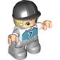 Duplo Figure Child with Short Hair and Riding Helmet Black, Light Bluish Gray Legs, Dark Azure Shirt with '7' Print