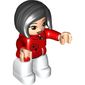 Duplo Figure with Straight Hair with Left Parting Black, White Legs, Collar and Flower Print