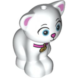LEGO part 11602pr0027 Animal, Cat, Sitting with Dark Pink Ears, Nose, Collar with Gold Hanger Blue Eyes  Print in White