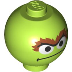 LEGO part 73297 Brick Round 2 x 2 Sphere with Stud with Face, Large Eyebrows print (Oscar the Grouch) in Bright Yellowish Green/ Lime