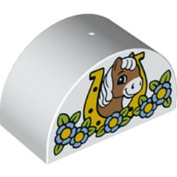 LEGO part 31213pr9993 Duplo Brick 2 x 4 x 2 Curved Top with Horse Head Looking Left in Flowers Print in White