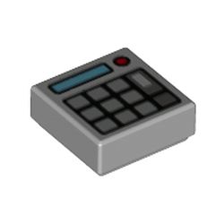 LEGO part 73777 Tile 1 x 1 with Keypad, Blue Slit, Red Button print in Medium Stone Grey/ Light Bluish Gray