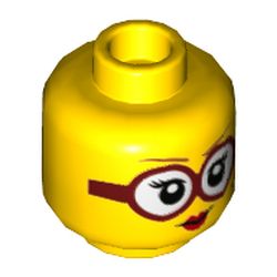 LEGO part 73965 Minifig Head Shirley Keeper, Dark Orange Eyebrows, Red Glasses, Red Lips, Beauty Mark Print in Bright Yellow/ Yellow