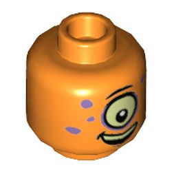 LEGO part 3626cpr3371 Minifig Head Alien Keytarist, One Large Eye, Medium Lavender Spots, Open Mouth Smile Print in Bright Orange/ Orange