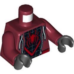 LEGO part 76382 Torso Open Hoodie over Black Spider-man Suit Print, Dark Red Arms, Black Hands in Dark Red
