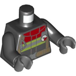 LEGO part 76382 Torso Fire Jacket with Dark Red Collar and Reflective Stripes / Fire Logo on Back Print, Black Arms, Dark Bluish Gray Hands in Black