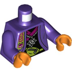 LEGO part 973c09h34pr5426 Torso Jacket, Open over Black Undershirt with Magenta Trim, Lime Fanny Pack (Bum Bag), Necklace with Shuriken Print, Dark Purple Arms, Orange Hands in Medium Lilac/ Dark Purple