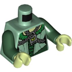 LEGO part 973c35h40pr5429 Torso Dress with Green Collar and Laces, Chain with Padlock with Lime Eye Print, Dark Green Arms, Yellowish-Green Hands in Sand Green