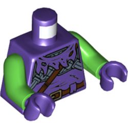 LEGO part 973c06h09pr5434 Torso Tunic, Tattered, Chest Plates, Reddish Brown Strap and Belt Print, Bright Green Arms, Dark Purple Hands in Medium Lilac/ Dark Purple