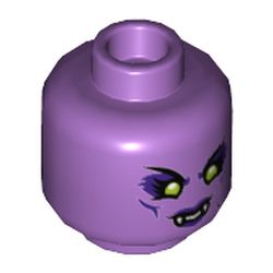 LEGO part 3626cpr3420 Minifig Head Spider Queen, Lime Eyes with Dark Purple Shadow, Dark Purple Lips with Fangs / Metal Mouth Cover Print in Medium Lavender