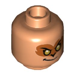 LEGO part 3626cpr3426 Minifig Head Evil Macaque, Dark Orange Around Gold Eyes with Smirk / Dark Red Around Eyes with White Right Eye and Grin Showing Teeth Print in Nougat
