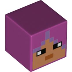 LEGO part 19729pr0038 Minifig Head Special, Cube with Minecraft Medium Dark Flesh Face, Lavender Hair Print in Bright Reddish Violet/ Magenta