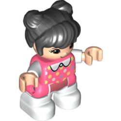 LEGO part 65245 Duplo Figure Child with Two Buns on Top and Long Bangs Black, with White Legs, Dress with Spots and White Collar Print in Vibrant Coral/ Coral