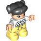 Duplo Figure Child with Ponytails and Bangs Black, with Light Nougat Face and Hands, Bright Light Yellow Legs, Black Heart, Light Green Collar Print