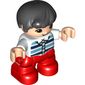 Duplo Figure Child, Hair Combed Forward with Curl Black, Dark Blue and Azure Striped Shirt, Red Legs