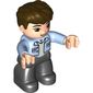 Duplo Figure with Thick Hair Combed Forward Dark Brown, with Black Legs, Open Shirt with Buttons and Pocket Print