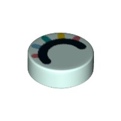 LEGO part 98138pr0202 Tile Round 1 x 1 with Black Circle/Eye, Lavender/Medium Azure/Dark Turquoise/Bright Light Orange/Coral Eyelashes print in Aqua/ Light Aqua