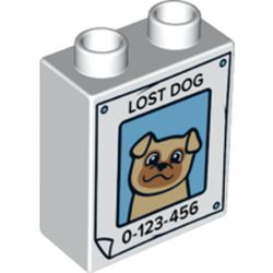 LEGO part 76371pr0199 Duplo Brick 1 x 2 x 2 with Bottom Tube, Poster with Dog and 'LOST DOG 1-234-456' Print in White